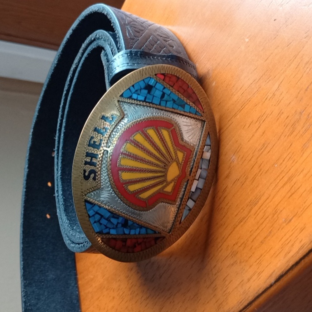 Shell Brass Rock inlay design Tooled Leather Western Americana Belt